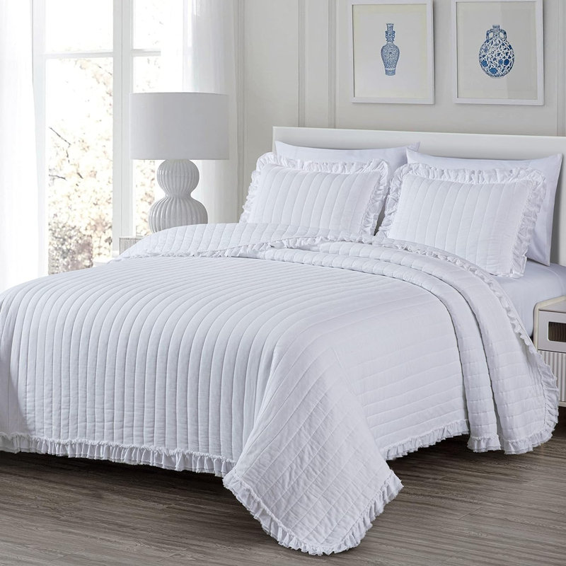 Bonnie Double Frayed Ruffled Edge Cotton Quilt Set, White, Twin Quilt + 1 Standard Sham
