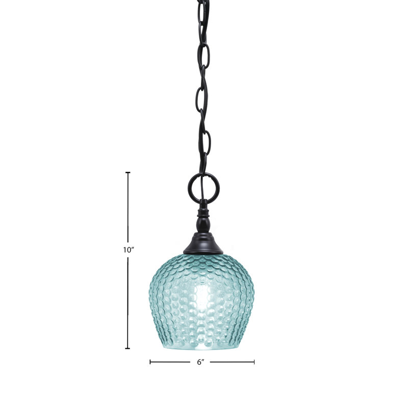 Mini-luminaire suspendu en chaîne avec verre texturé turquoise 6 po, Noir mat