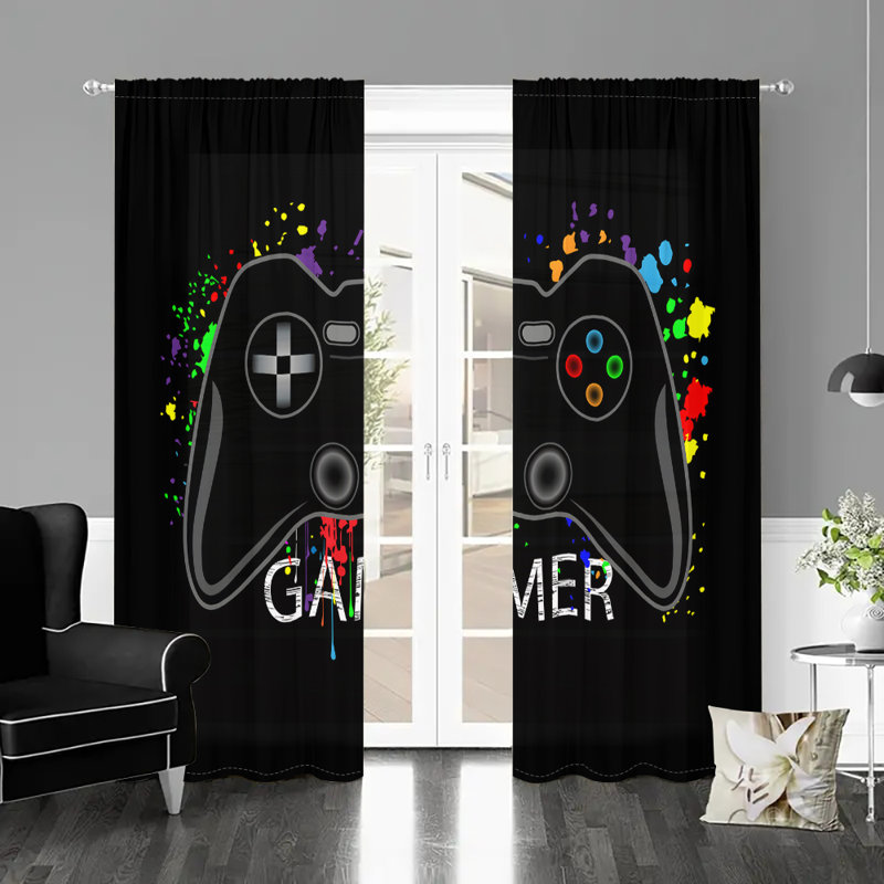 2Pcs Game Controller Pattern Curtains, Rod Pocket Mount, Digital Printing Gamer Curtain, Polyester Material, Suitable for Living Room, Bedroom, Gaming, Study, Home Decor, Black Vibrant Colorful