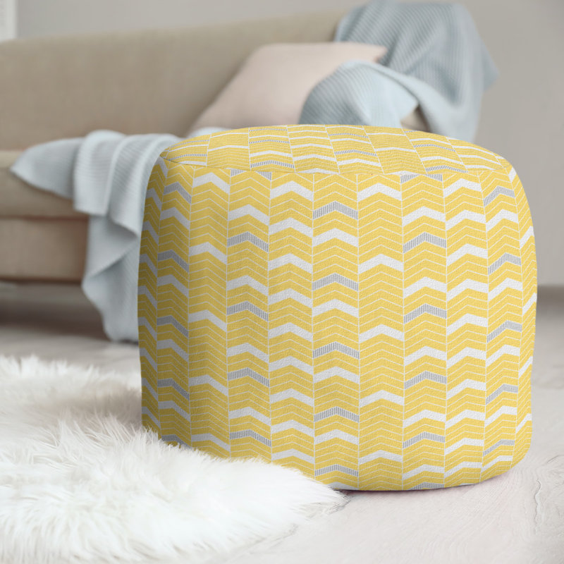 Upholstered Pouf, Yellow & Grey