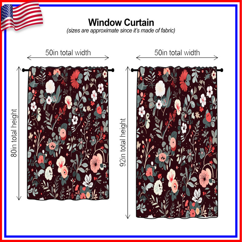 Floral Window Curtains, Nature Sheer & Blockout Curtains - 1 Panel, 50" x 92" - 1 Panel, Blockout