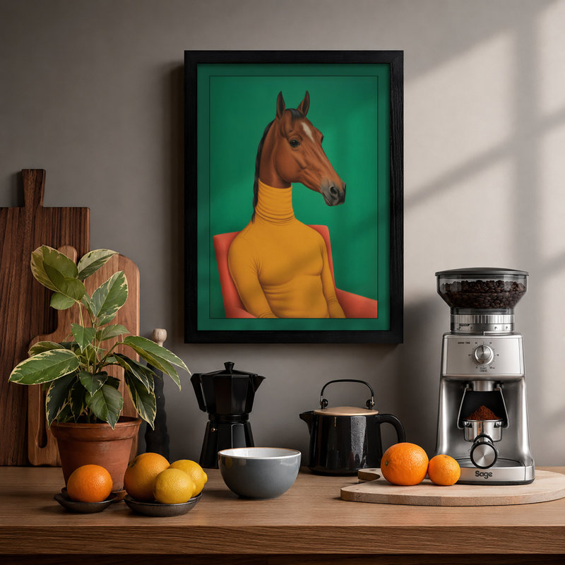 Horse in Yellow Surrealism - Framed Print, A2 - 59.4 x 42.0 cm, Black