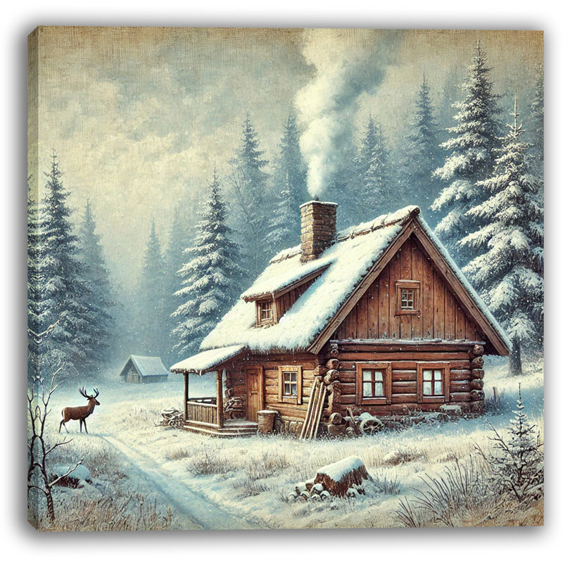 «Rustic Winter Cabin in Snowy Forest», art mural sur toile, H 12 po x l 12 po x P 1 po