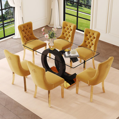 Tempered Glass Dining Room Table With Chairs, Velvet Upholstered Seating, Modern Dining Table Set