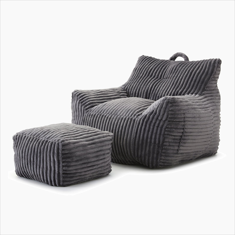 Corduroy Bean Bag Chair With Ottoman,Comfy Foam Large Lazy Sofa, Gray
