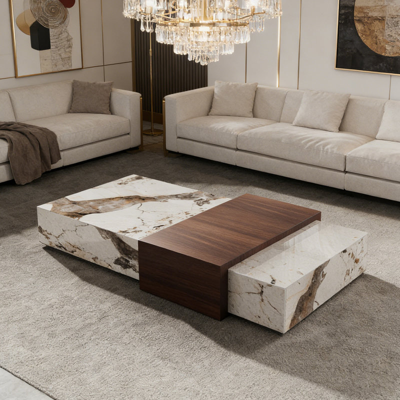 Table basse en ardoise à 2 tiroirs Simplicity Home, H 14,17 po x L 55,11 po x l 31,49 po, Brun noisette, Taupe / Blanc