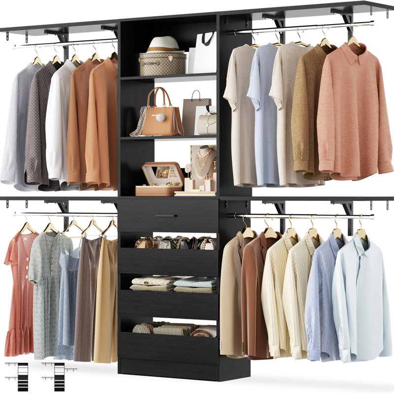 Garde-robe de 96 po avec 4 tiroirs, 4 tablettes et 4 portants à vêtements, Noir