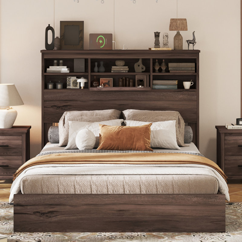 Queen Size Vintage Platform Bed,With Storage Headboard and Charging Station, Brown