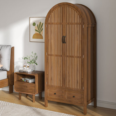 Armoire penderie avec 2 portes arquées cannelées, armoire avec 2 tiroirs, armoire avec tablettes et tringle pour chambre à coucher