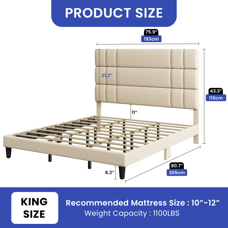 Lit plateforme tapissier Kestra, Beige, Très grand