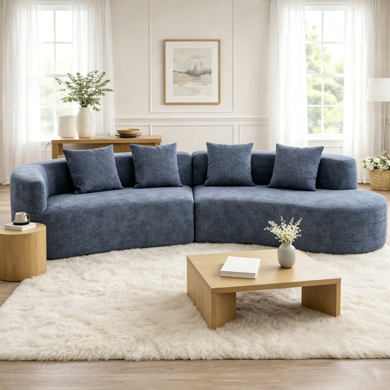 Grand canapé modulaire moderne 2 pièces avec 3 coussins, pour le salon, la chambre à coucher, Polyester bleu grisâtre