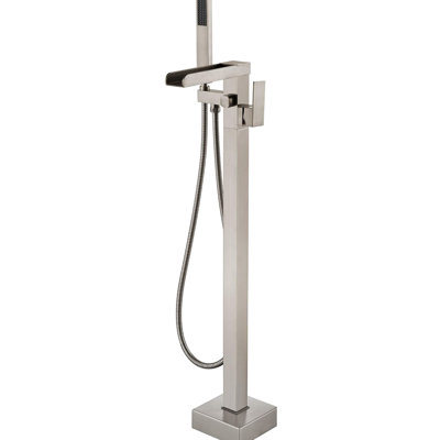 Robinet de baignoire à fixation au sol en nickel brossé avec bec cascade et douche à main