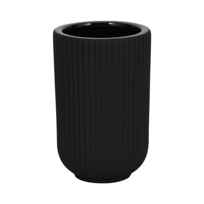 Zed Ribbed Ceramic Handcrafted Watertight Table Vase, Black, 7" H x 5" W x 5" D