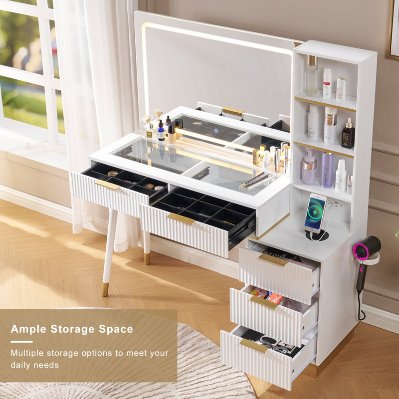 Lilliani Large Vanity, Make up Vanity wirh Drawers & Adjustable Light, White, White
