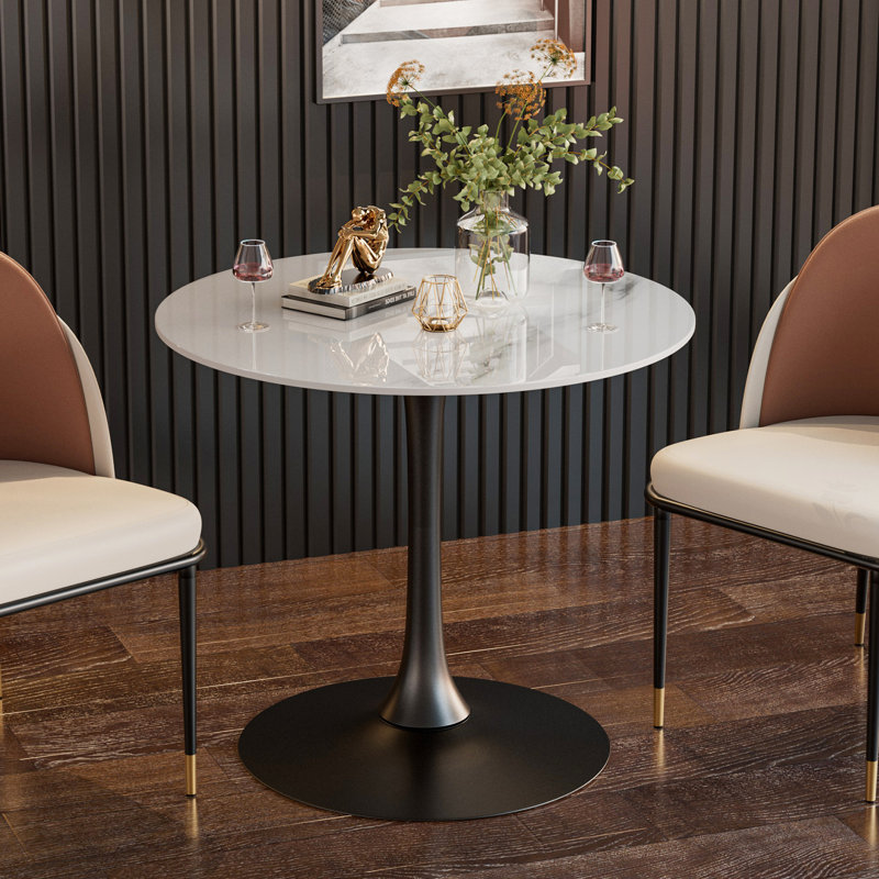 Cleofus Round Metal Base Dining Table, 30.9" H x 29.92" L x 29.92" W, Glossy White, Black
