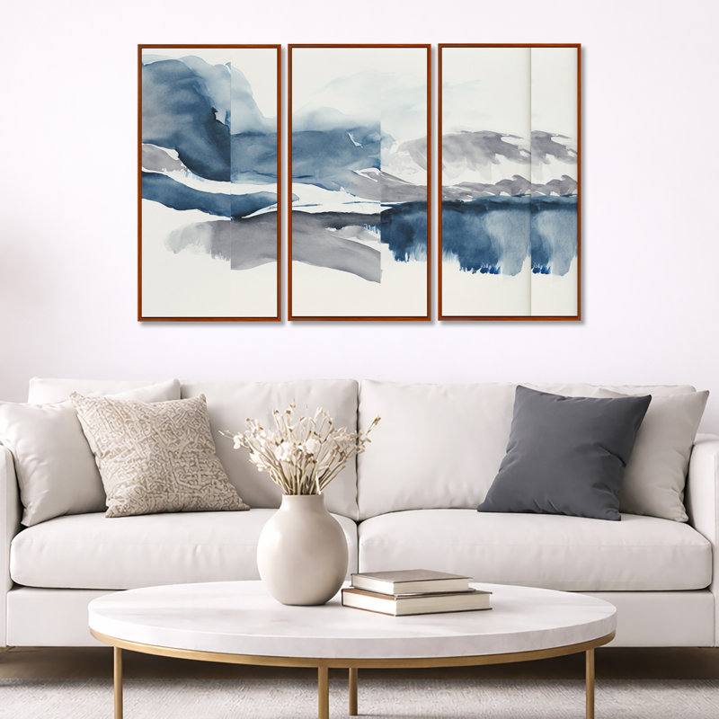 «Through The Sapphire Blue Clouds I», reproduction sur toile 3 pièces, H 32 po x l 48 po, Cadre flottant brun