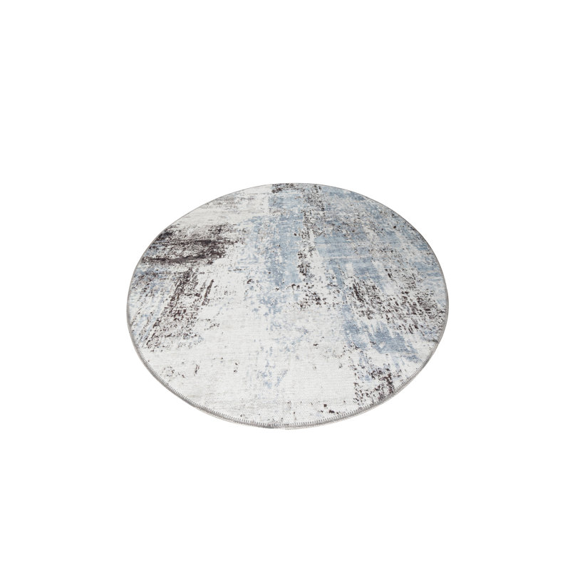 Tapis abstrait lavable à la machine en bleu / noir / blanc, Rond 5 pi 3 po