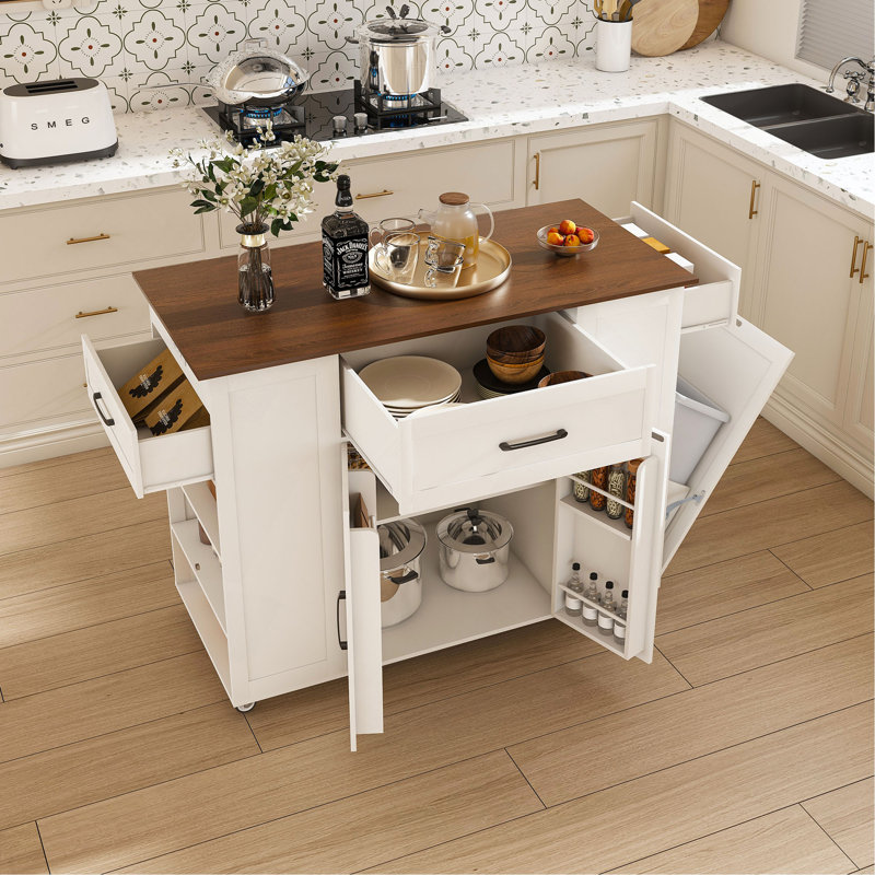 46" Kitchen Island on Wheels with Storage & Power Outlet - Movable Rustic Breakfast Bar Table, Wood Top with Adjustable Shelf & Drawer for Kitchen Dining Living Room