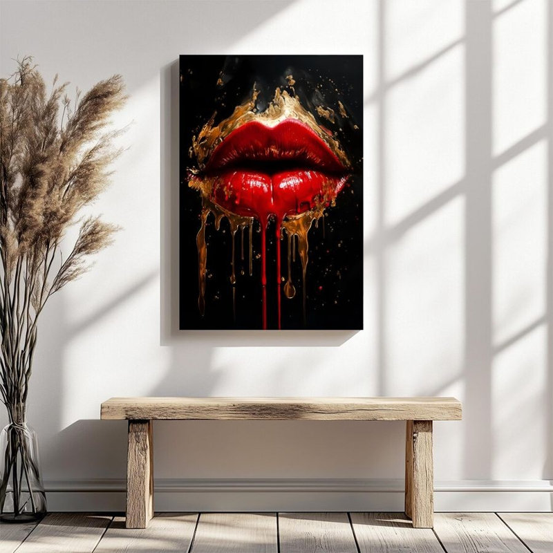 1Pc, impression sur toile encadrée rouge à lèvres, gouttelettes dorées, décor de style surréalisme