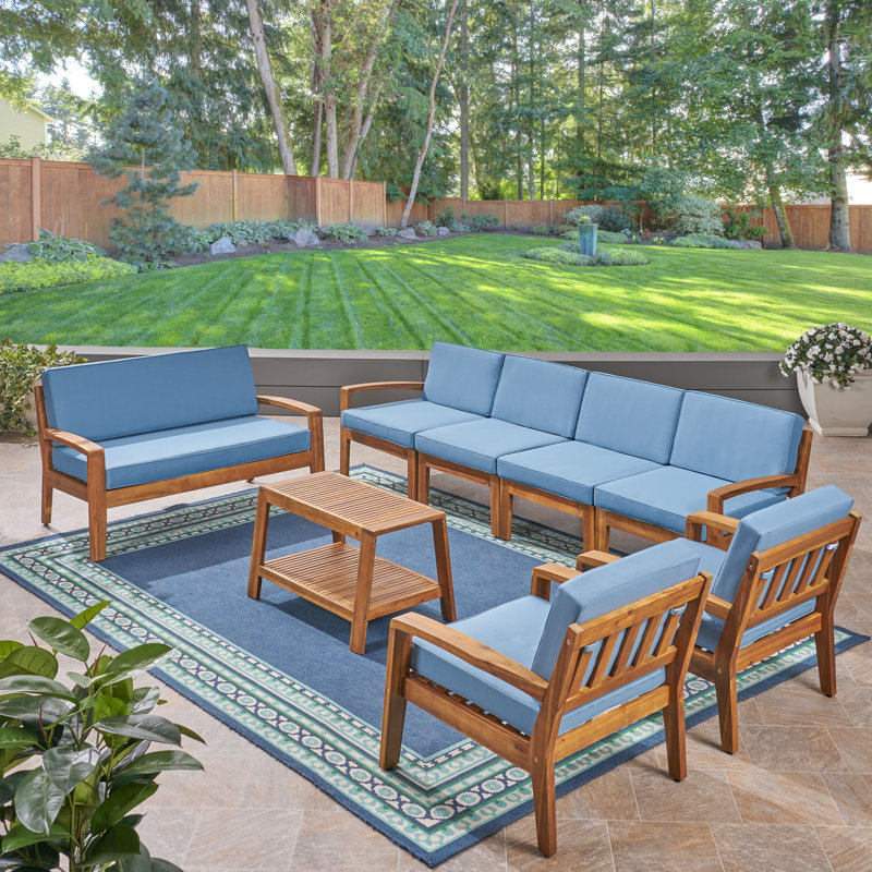 Streetman Acacia 8 - Person Patio Conversation Set with Cushions, Teak Frame/Blue Cushion