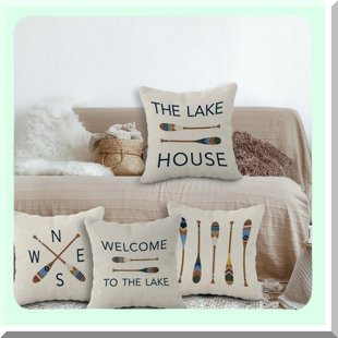 Rustic Lake Retreat Pillow Set - Set of 4 - Paddle & House Rules Decor - Cozy Lake House Room Pillows Cover for Sofa, Couch, Bed