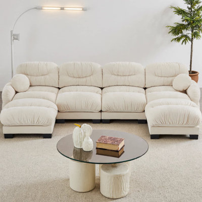 Canapé modulaire en U plissé en U avec 2 repose-pieds, canapé 4 places avec siège ergonomique en mousse haute densité, accoudoirs arrondis arrondis et 2 coussins décoratifs