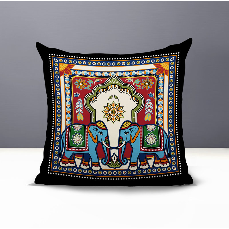 Coussin intérieur / extérieur Rikita Elephant, Noir / bleu / rouge / orange / vert, Carré 15 po