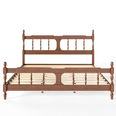 Platform Bed, Bamboo Bed Frame with Square Cutout Headboard, Bed Frame with Support Slats and Under-Bed Storage Space, No Box Spring,  Solid Wood Bed for Bedroom