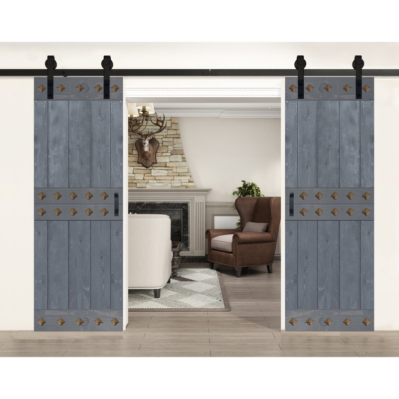 Porte de grange à panneaux et en bois avec quincaillerie d'installation, Gris fumé, 60 po x 84 po