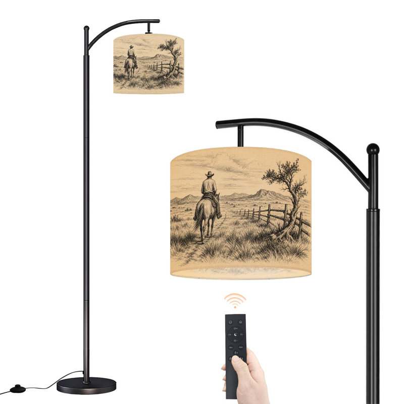 Lampe sur pied à DEL à arc à intensité variable, rétro, cowboy, cheval, Western Desert, rustique, hauteur réglable, abat-jour avec télécommande, pour le salon, la chambre à coucher