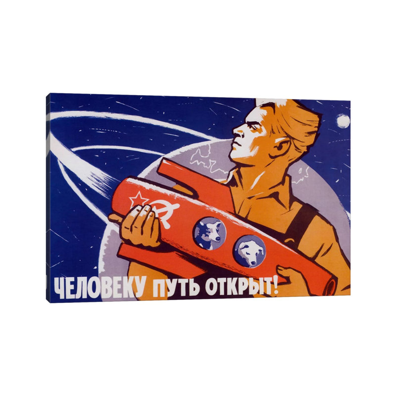Soviet Space Poster Featuring Space Dogs, Belka And Strelka, In A Rocket Being Held By A Man by Stocktrek Images - Wrapped Canvas Print