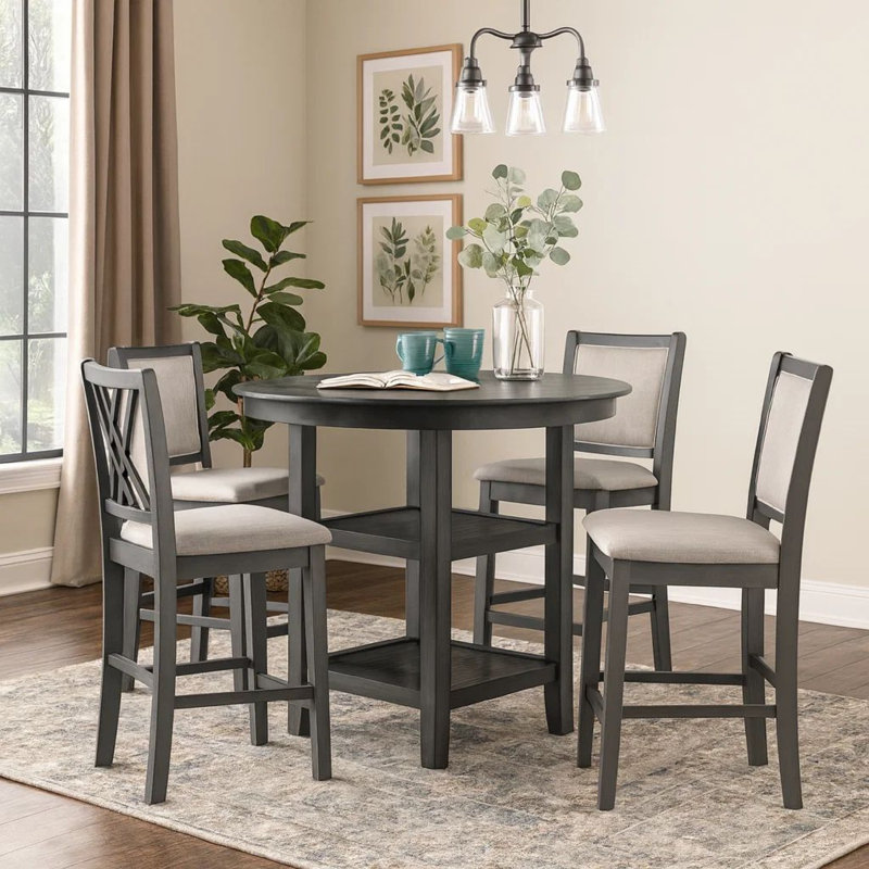 Ensemble de 5 tables à hauteur de comptoir Airianna, 4 chaises à dossier croisé, polyester gris