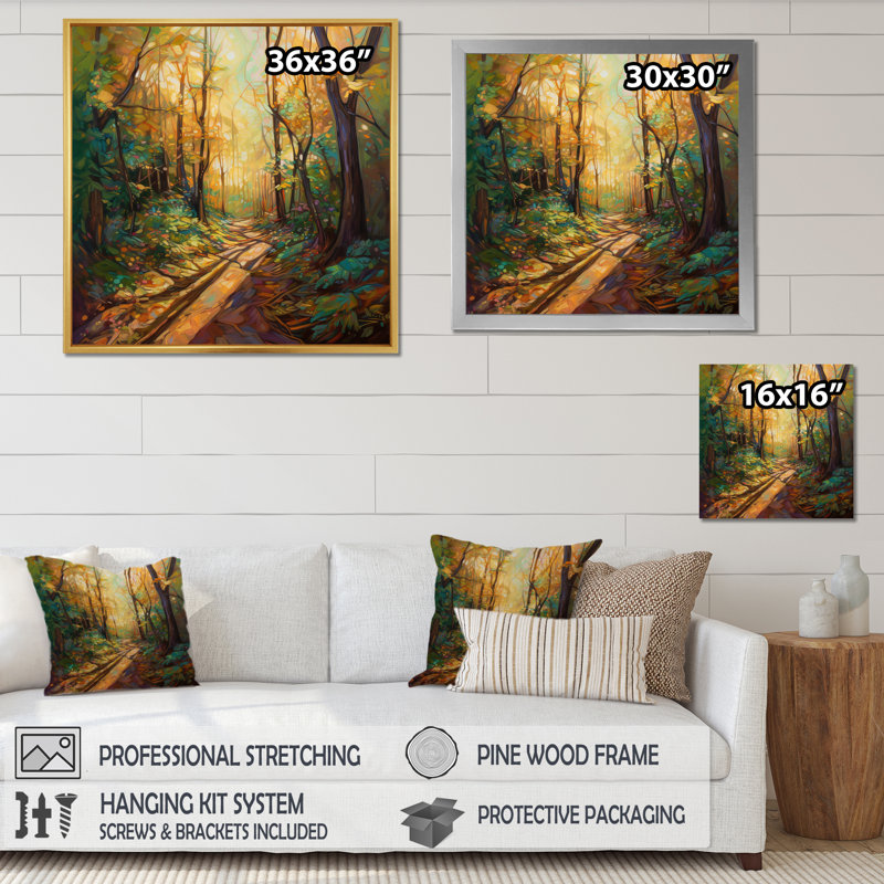 «Sunlight Through Trees In Autumn Forest Trail I», reproduction sur toile, H 24 po x l 24 po x P 1 po, Cadre flottant noir