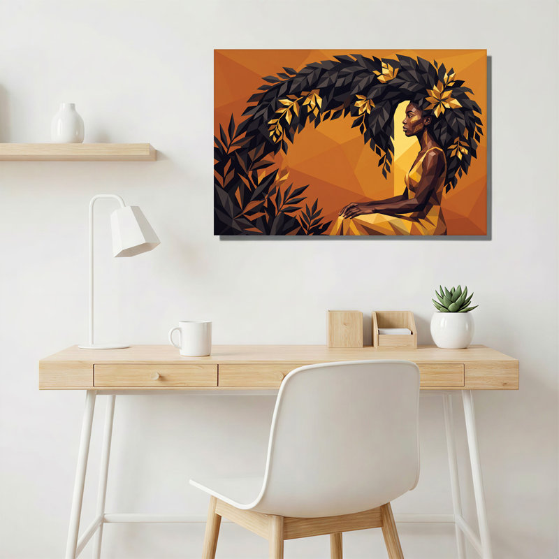 «Woman with Leaf Hair in Geometric Orange Style», art mural sur toile, 16"H x 24"W
