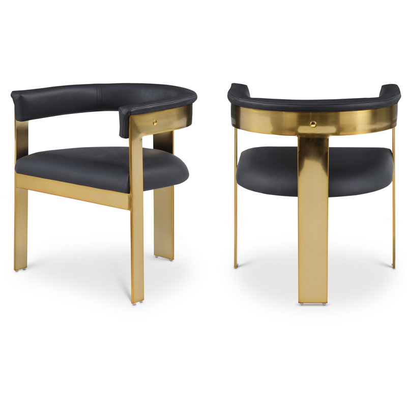 Chaise avec accoudoirs à dossier rembourré Romeo, Or brossé, Cuir végétalien noir