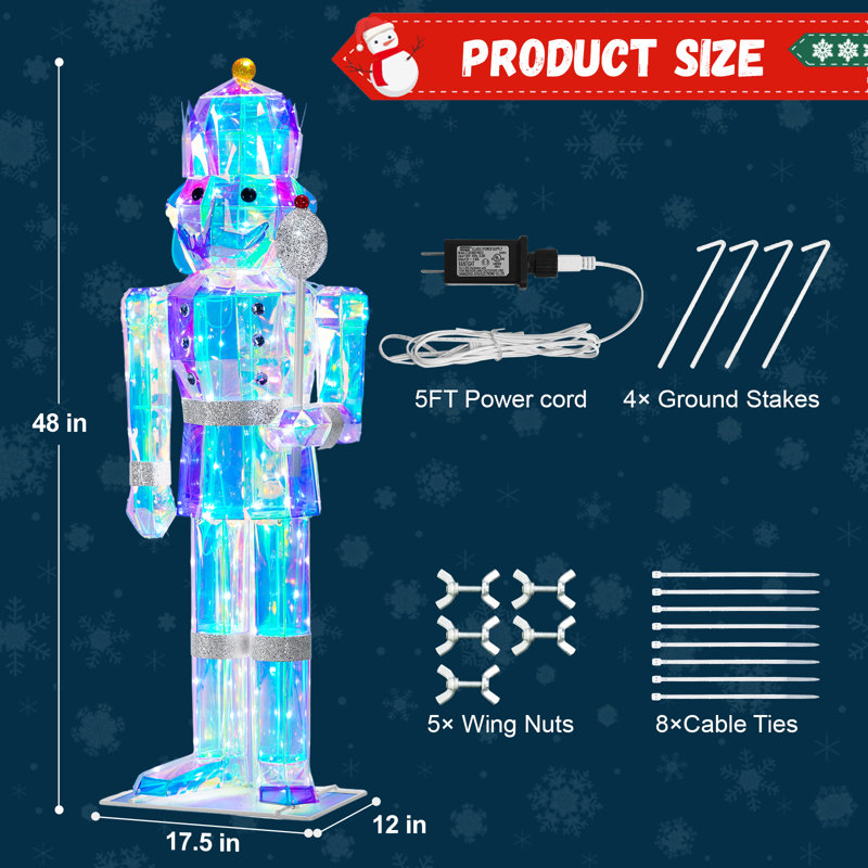 4FT Large Light-Up Giant Nutcracker Christmas Decor, Prismatic Iridescent Nutcracker Outdoor Soldier with 110 LED Pre-lit Lights, Plug-in Outdoor Nutcracker Decorations for Yard, Porch, Garden