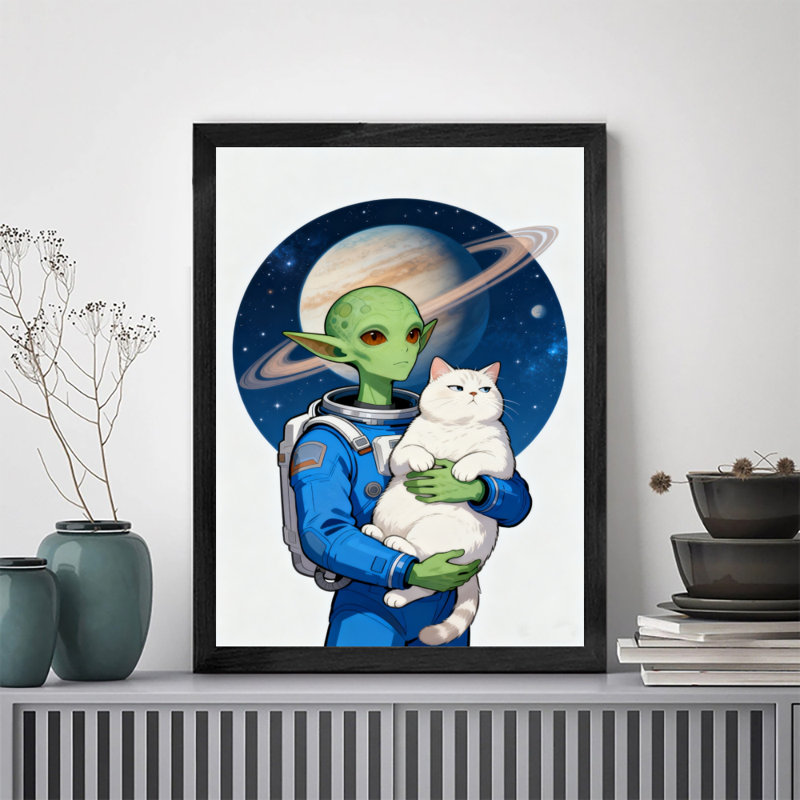 «Alien» encadré noir tenant un joli chat blanc dans l'espace, impressions sur toile de style rétro, H 17 po x l 13 po