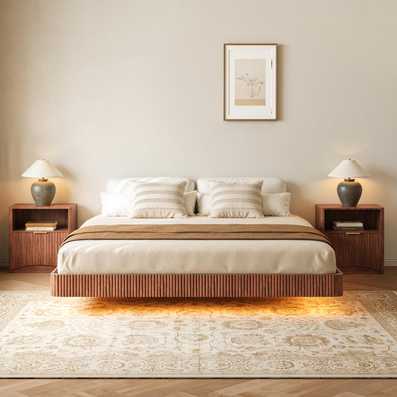 King Floating Bed Frame With Led Lights, Modern Fluted Floating Bedframe With Metal Slats, Brown
