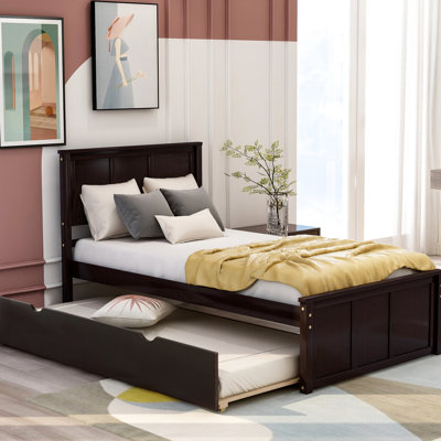 Twin Size Platform Bed With Trundle In , Made Of Solid Wood Long-lasting Movable And Functional