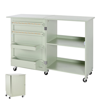Table de couture pliante, table de machine à coudre polyvalente avec un design compact, roues, chevilles en bois, plateaux de rangement et tablette, serrure de porte magnétique, station d'artisanat et bureau d'appoint pour la maison, vert clair