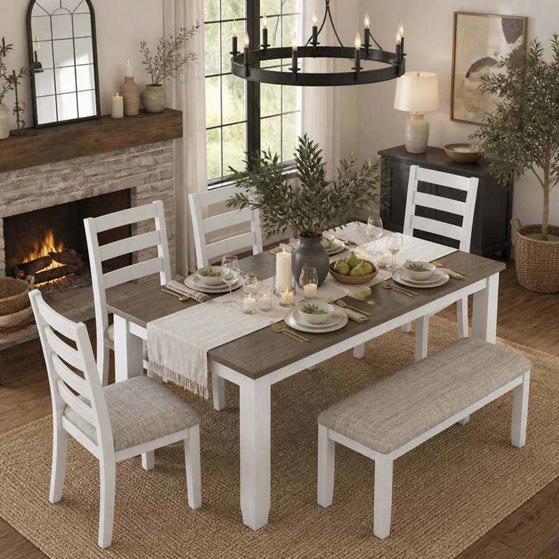 Solid Wood Top Dining Set, Brown+Whitewash / Whitewash, Brown+Whitewash
