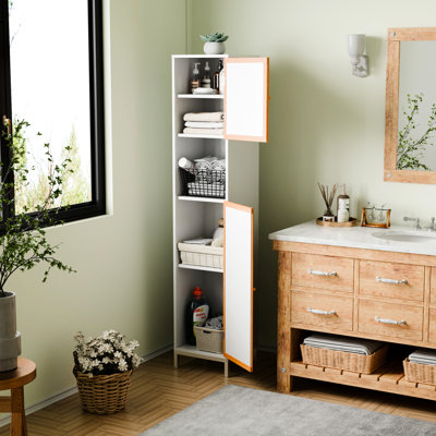 Freestanding Bathroom Storage Cabinet, Two Doors, Shelves, Easy Assembly, Elegant Decor Tall Cabinet With Slats And Open Compartment, White Color, Adjustable Storage, Modern Appearance