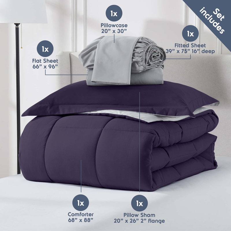 Twin Purple Microfiber Down Alternative Reversible Bed in a Bag Set