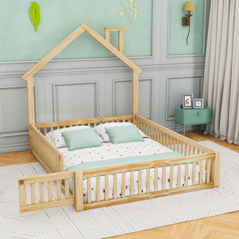 Wood Full Platform Bed With Safety Guardrails, House-Shaped Design, Natural