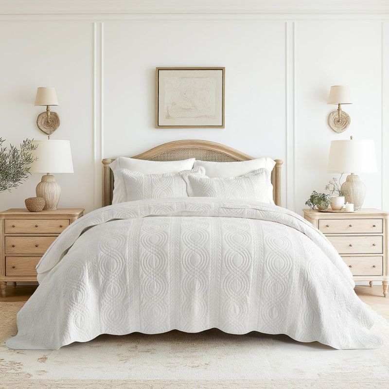 Ensemble de courtepointe 100% coton Scallop Edge, Courtepointe très grand et 2 très grandes taies , Blanc brillant