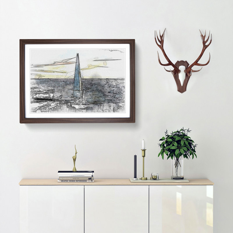 The Shard London England Skyline in Abstract - Picture Frame Graphic Art Print, 50cm H x 76cm W x 2cm D, Walnut