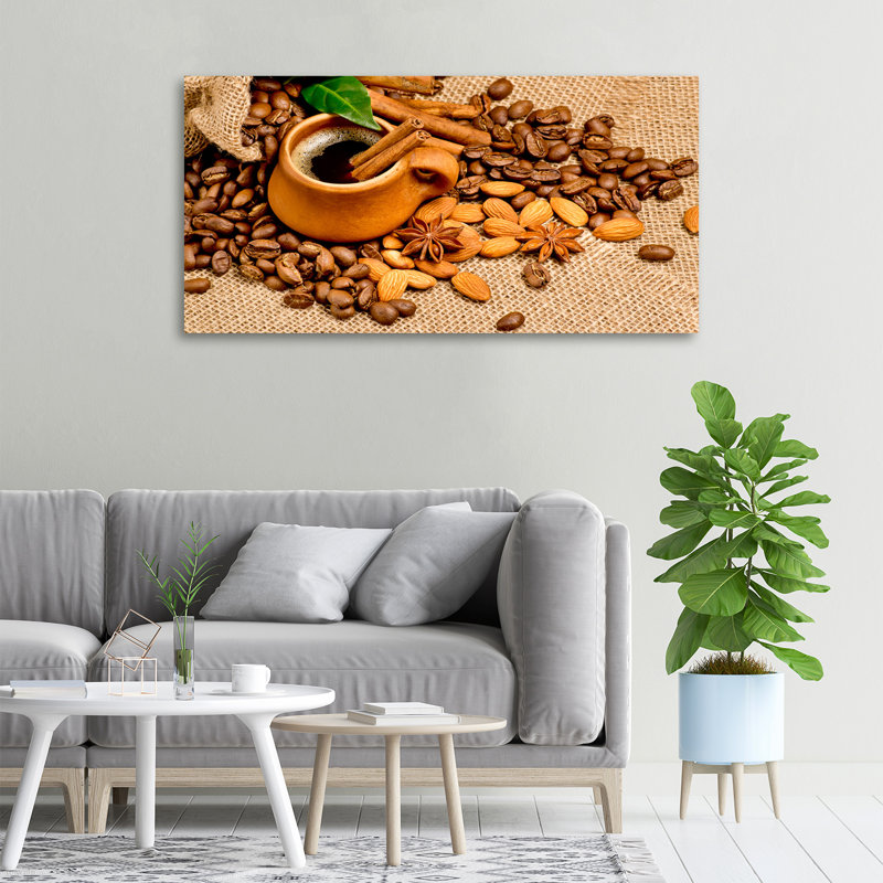 Grains Of Coffee And A Cup - No Frame Print on Glass, 70cm H x 100cm W x 4cm D, Glass