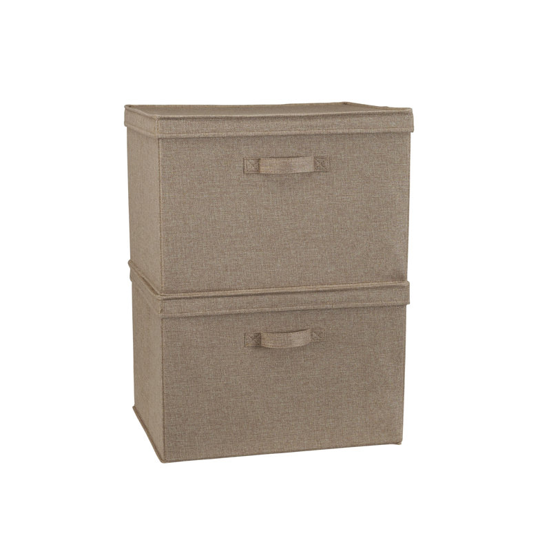 Latte Linen Wide Collapsible Storage Box with Lid, Set of 2