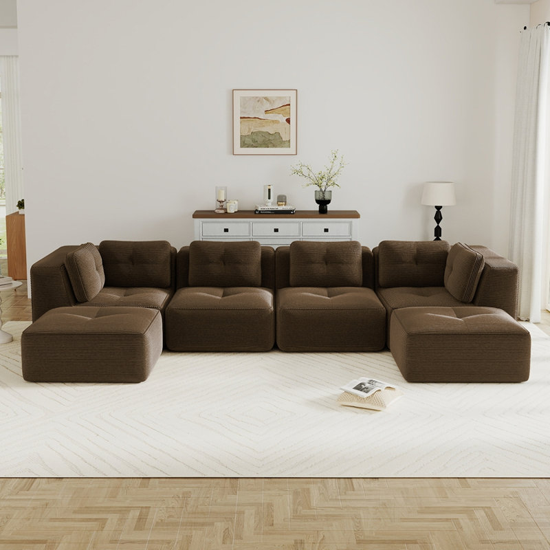 Canapé modulaire moderne en forme de U pour le salon, tissu en velours côtelé, canapé à 4 places avec siège profond et repose-pieds à 2 po, passepoil perlé, conception capitonnée, sans assemblage, conception antidérapante