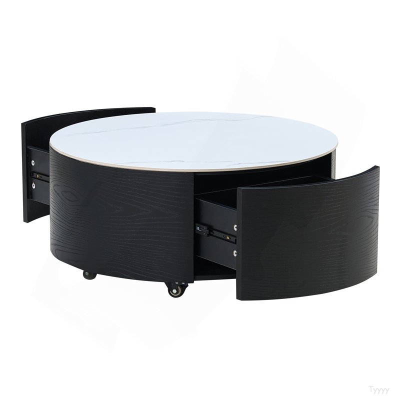 Table basse ronde moderne mobile avec roulettes, 2 tiroirs, plateau en pierre frittée à motif marbré, 29,5 po, Noir